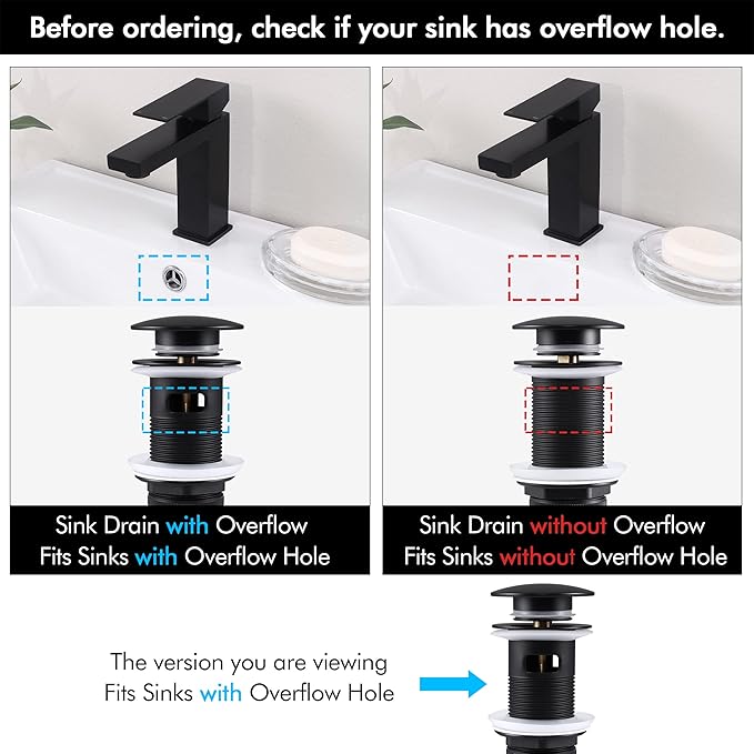 KES Bathroom Sink Drain with Overflow, Pop Up Drain Sink Stopper Matte Black, All Metal Brass and SUS304 Stainless Steel, S2008S62A-BK