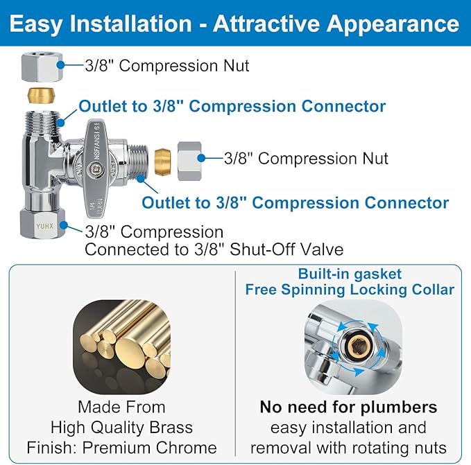 Brass Angle Stop Add-A-Tee Valve,3/8 x 3/8" x 3/8 Compression Water Splitter