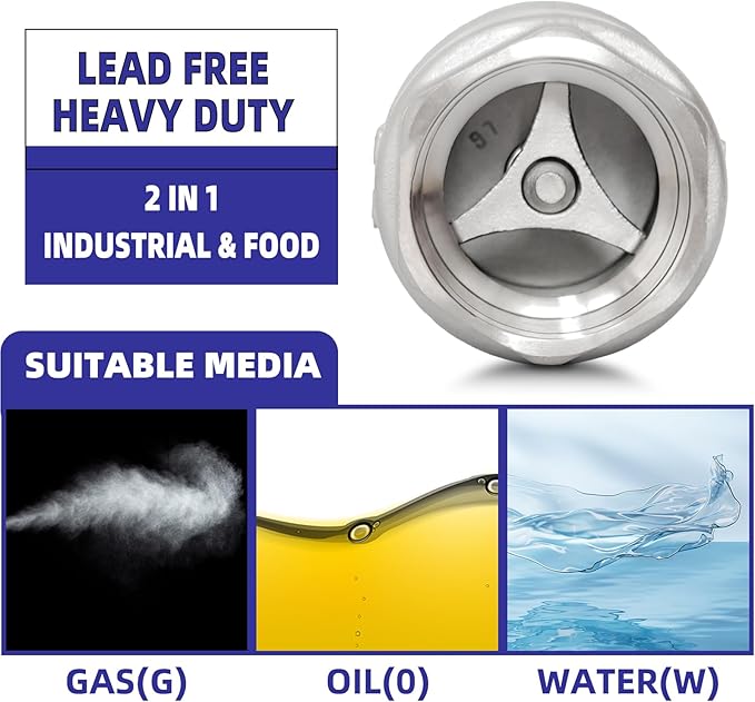 3/8" NPT Stainless Steel Spring Check Valve, WOG1000 NPT Thread unleaded In-Line Vertical Check Valve Non Return One Way Counterflow to Prevent the Medium Backflow for Oil Water Gas Air DN10