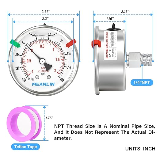 MEANLIN MEASURE -30inHG~30Psi Vacuum Pressure Gauge 316 Stainless Steel Joint 1/4" NPT 2.5" FACE DIAL, Stainless Steel Liquid Filled Pressure Gauge WOG Water Oil Air Back Mount, 2PCS Snaps