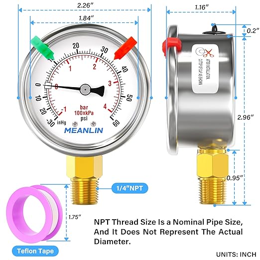 MEANLIN MEASURE -30inHG~60Psi Vacuum Gauge Stainless Steel 1/4" NPT 2" FACE DIAL Waterproof for Air Compressor HVAC Negative Pressure Hand Pump Pool Lower Mount (with 2PCS Snaps)