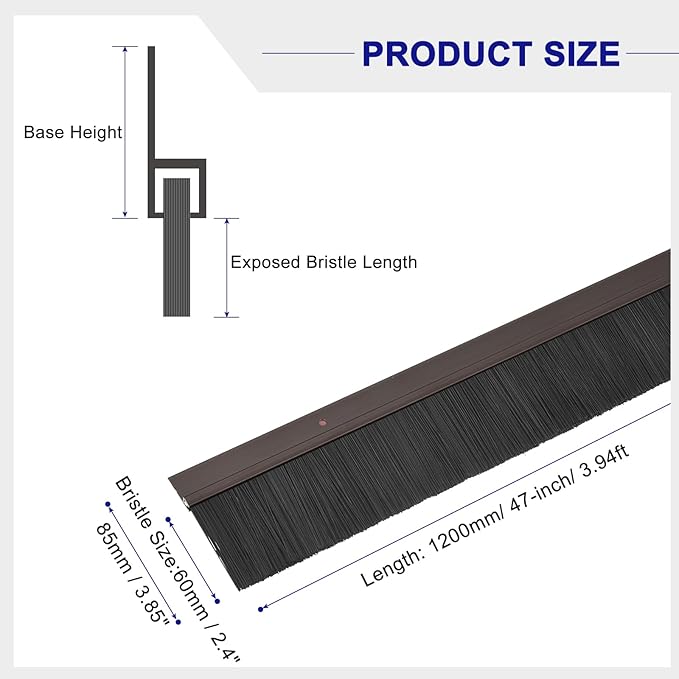 uxcell 2Pcs Door Brush Bottom Sweep H-Shape Aluminum Alloy Base with 2.4-inch PP Brush for Home, Industrial (47-inch L, Brown)