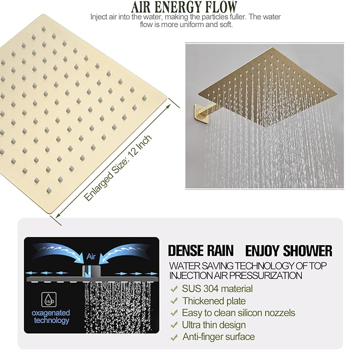 Rain Shower System 12 Inch Ultra Large Shower Head High Pressure Brushed Gold Surface Dual Function Shower Vavle Trim Kit