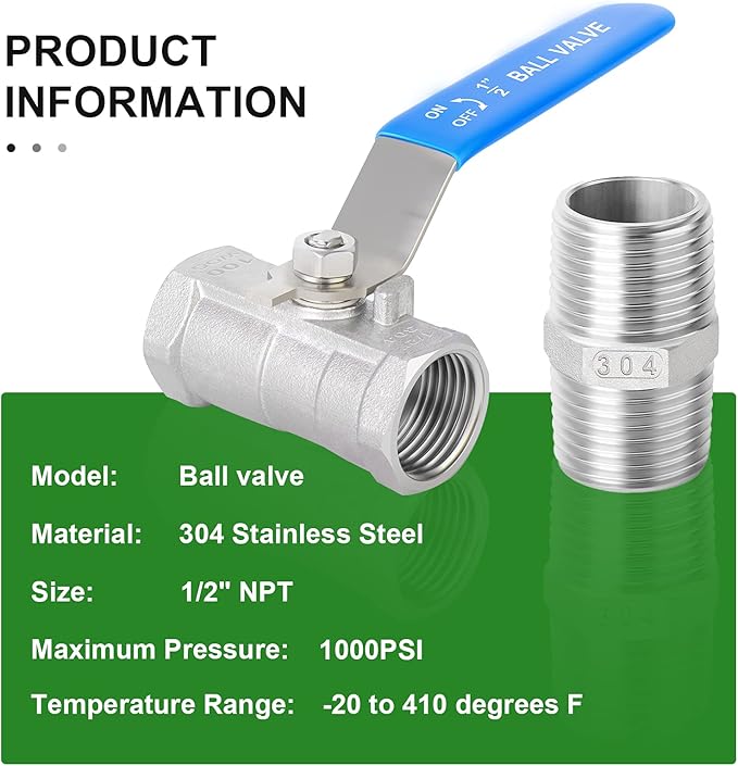 TAISHER 4 Pcs 1/2 Inch FNPT Ball Valve Kit, 304 Stainless Steel with Blue Handles & Nipple