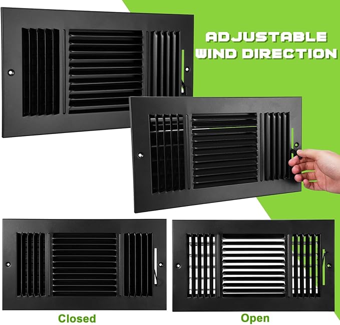 VIHOSE 6 Pcs Vent Covers 12 x 6 Inch HVAC Sidewall Air Ceiling Register 3 Way Vents for Wall Solid Steel Manual Adjuster for Bathroom Toilet Home Office (Black)