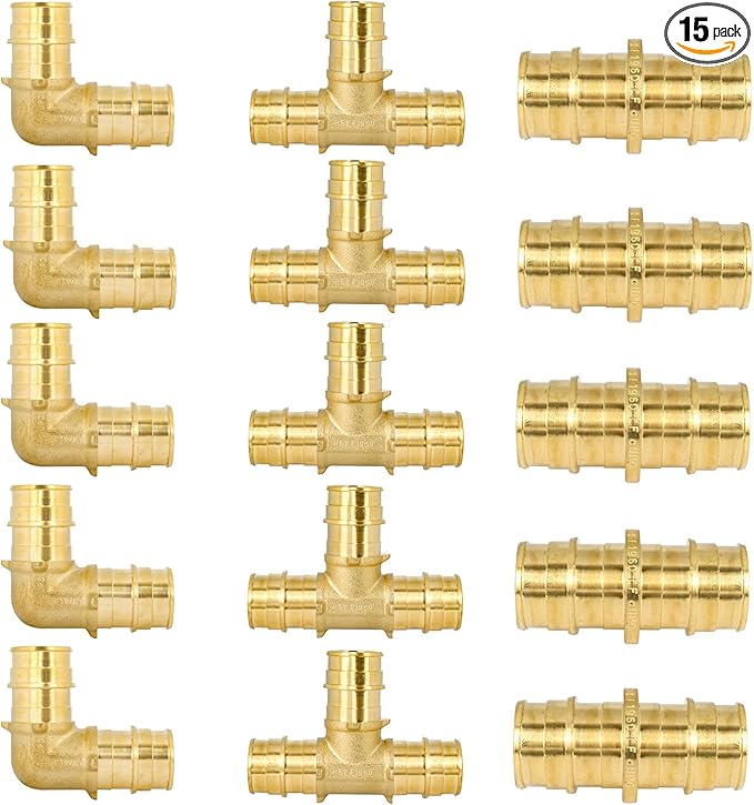 15 pack - 3/4 Inch PEX-A Expansion Fittings, ASTM F1960 Certified Lead-Free Brass Tee, Elbow, Coupling Combo, Compatible with PEX A Pipe Tubing, Full Flow Fitting for Plumbing Water Line, NSF/ANSI 61