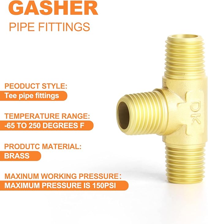 GASHER 2PCS Brass 3 Way, 1/4" x 1/4" x 1/4" NPT Male Tee Pipe Fittings