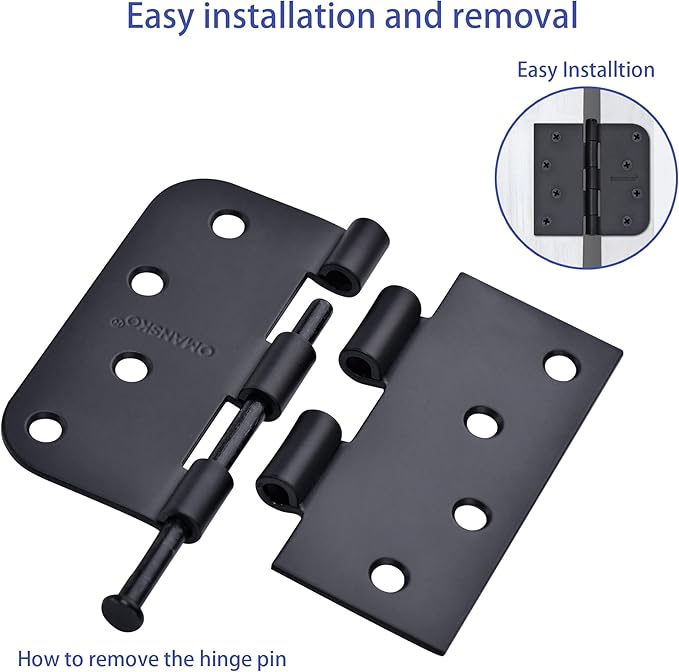 4 x 4 Inch Black Door Hinges, 18 Pack Matte Black Hinges for Interior Doors Heavy Duty Hinges with Square and 5/8" Radius Corner