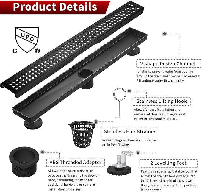 Sharp-tec Shower Drain, 32 inch Linear Shower Drain, Matte Black 304 Stainless Steel Rectangular Shower Floor Drain with Adjustable Leveling Feet, Hair Strainer, cUPC Certified, ST-112-32B