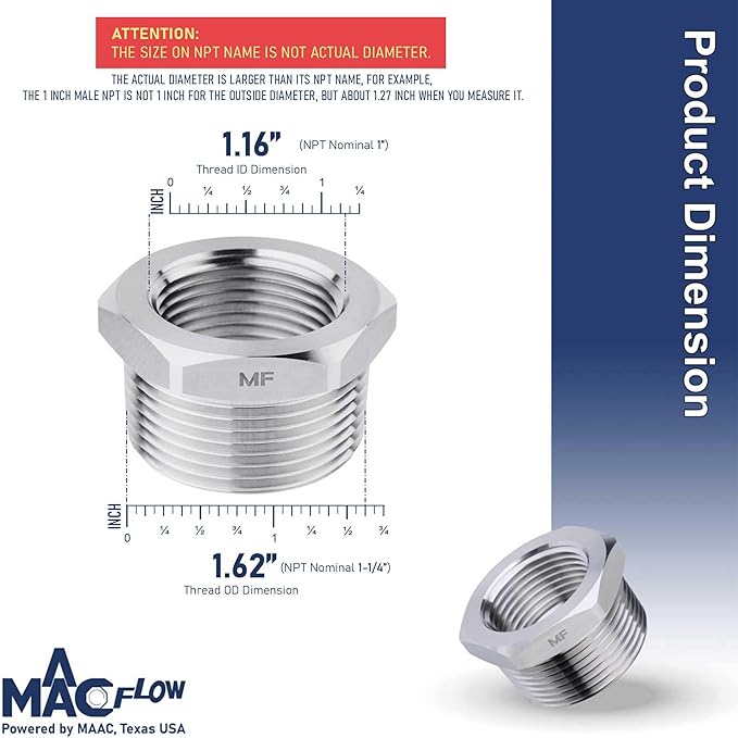 MAACFLOW Stainless Steel 1-1/4" Male NPT to 1" Female NPT Adapter Reducer Hex Bushing (Thread OD 1.62"- ID 1.16") (Pack of 1)