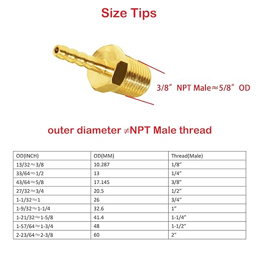JoyTube Hose Barb Fittings 1/8" Barb to 3/8" NPT Male Thread Brass Metals Adapter Connector(5 Pcs)