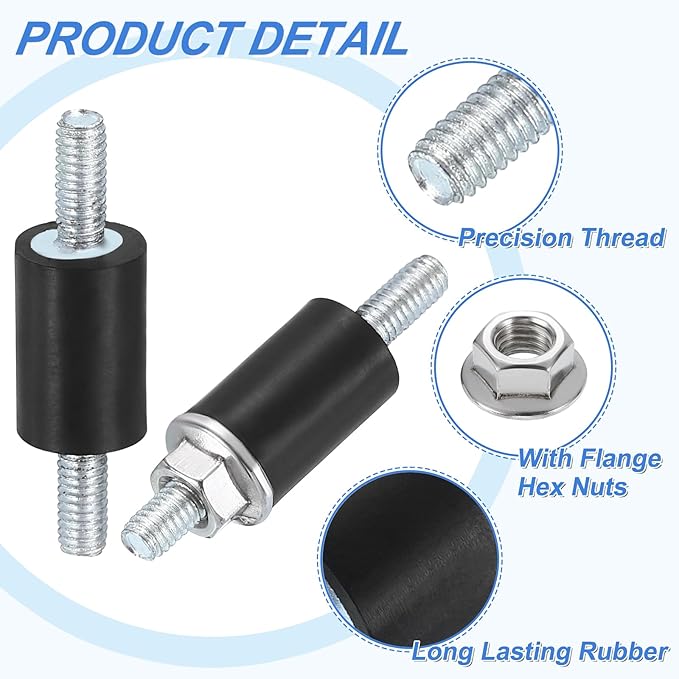 uxcell 4Pcs M4 x 10mm Rubber Mounts, 15 x 10mm Cylindrical Anti Vibration Isolator Studs Shock Absorber Double Studs with Nuts for Car Bobbin Generator Air Compressors