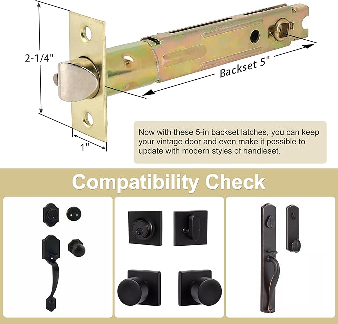 5-Inch Backset Entry Door Latch Fit Standard Knobset, 90° Square Interface with Square Corner Faceplate, Requires a 2-1/8" Cross Bore & 1" Edge Bore, Non-Handed, Polished Brass