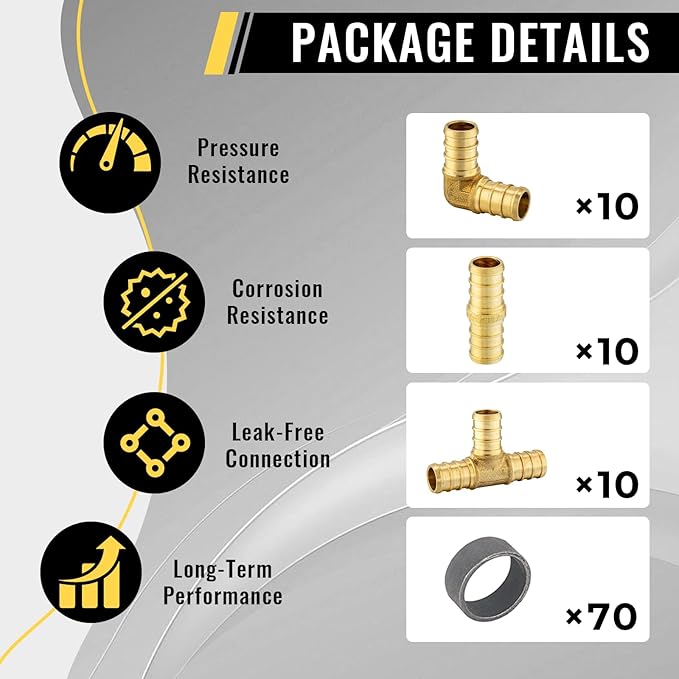 100 Pack Foskan 3/4 Inch PEX Brass Fittings Set, 10 PCS Each Elbows Tees Straight Couplings, With 70pcs Copper Rings, PEX Crimp Barb Fitting Kit