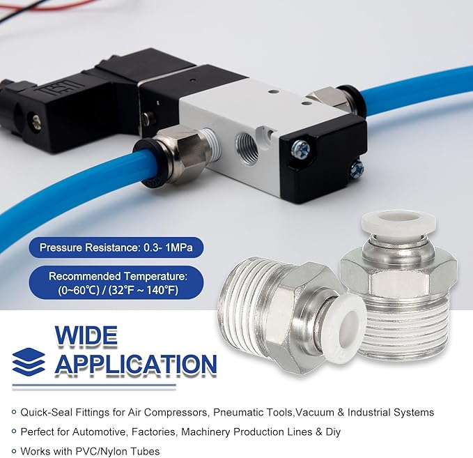 MECCANIXITY 2 Pcs NPT Push to Connect Air Fittings, Male Straight 1/4" Tube OD x 3/8" NPT Thread Air Quick Connector Coupling Adapter for Gas Hose Pneumatic Tools, White
