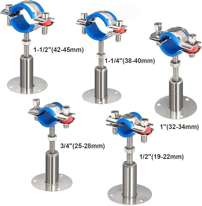 Kodilin 4PCS 304 Stainless Steel Wall Mount Ceiling Mount Pipe Supports,Suitable for OD Pipe 1/2"(19-22mm),Adjustable Height 100-200mm