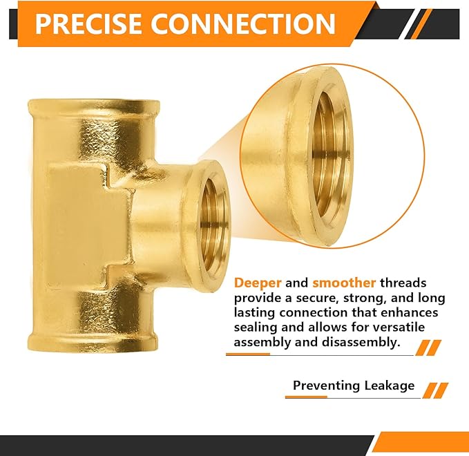 5-PCs HeSun Brass Pipe Fitting, 1/2" x 1/2" x 1/2" NPT Female Thread Tee