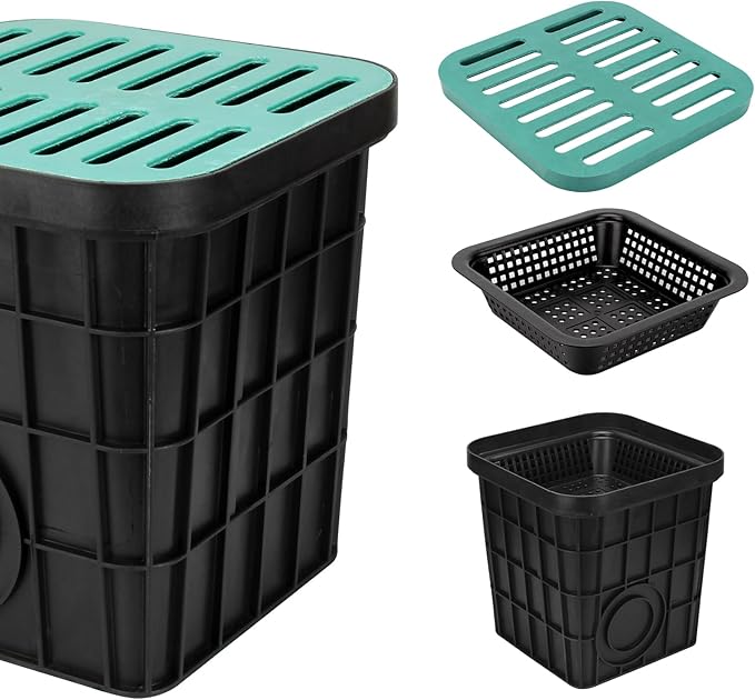 15x15x15 in Catch Basin with Fiber Glass Grate for Drainage, Large Drainage Basin with Debris Basket, French Drain Basin Strainers Without Reserved Hole for Yard, Downspout, Municipal Pipeline