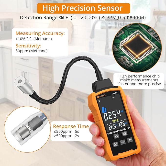 Neoteck Natural Gas Detector 0-9999PPM/0%-20% LEL Gas Leak Detector with 12” Gooseneck Combustible Gas Detector with 3 Sensitive Modes Test Methane Propane Gasoline for Gas Pipeline Gas Stove and RV