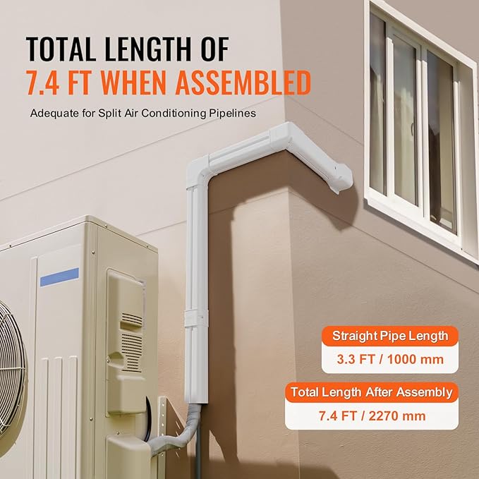 VEVOR Mini Split Line Set Cover 3-inch W 7.4Ft L, PVC Decorative Pipe Line Cover for Air Conditioner with 2 Straight Ducts & Full Components Easy to Install, Paintable for Heat Pumps, White