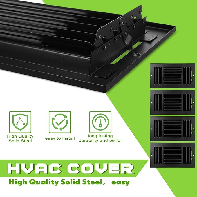 VIHOSE 6 Pcs Vent Covers 12 x 6 Inch HVAC Sidewall Air Ceiling Register 3 Way Vents for Wall Solid Steel Manual Adjuster for Bathroom Toilet Home Office (Black)