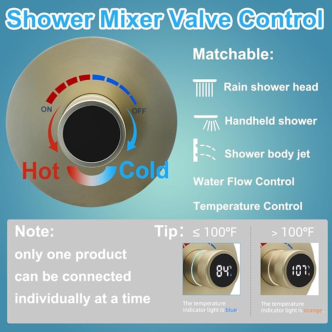 Round Digital Display Shower Valve Shower Diverter Single Way Shower Mixing Valve Concealed Installation in Wall for Bathroom Brushed Gold