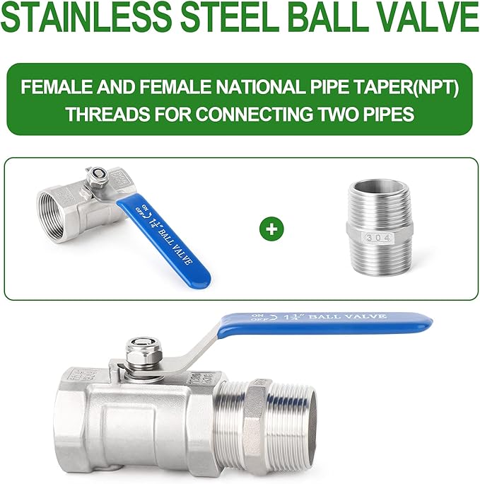 TAISHER 2 Pcs 1-1/4 Inch FNPT Ball Valve Kit, 304 Stainless Steel with Blue Handles & Nipple