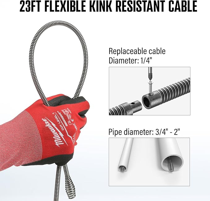POPULO 120V Auto Feed Drain Auger,23 FT Drain Snake Suitable For 3/4"-2" Pipes For Unclogging Sinks,Shower Floor Drain and Outdoor Drain Pipe.Plumbers Snake Cleaner Include Glove,Cloth Bag