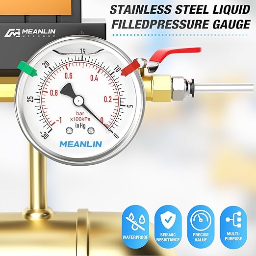 MEANLIN MEASURE -30inHG~0Psi Vacuum Pressure Gauge 316 Stainless Steel Joint 1/4" NPT 2.5" FACE DIAL, Stainless Steel Liquid Filled Pressure Gauge WOG Water Oil Air Back Mount, 2PCS Snaps