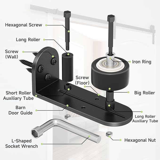 4PCS Sliding Barn Door Floor Guide, Quiet Bearing, Barn Door Adjustable Rubber Rollers, Barn Door Floor Track, Flush Bottom, Round Edge Design, 4.49" L*1.57" W*1.97" H