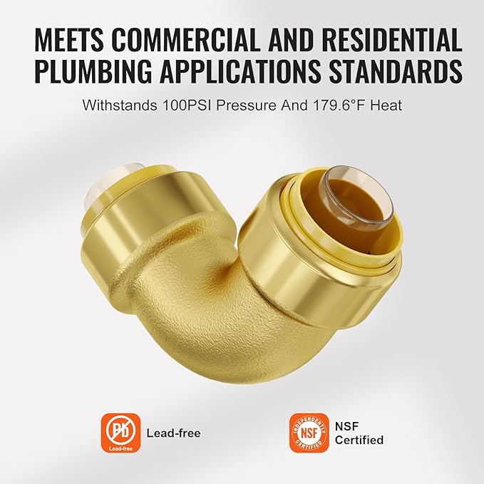 VEVOR Pipe Fittings, 1/2" 12PCS Brass Pipe Fittings, Elbow Push-Fit Pipe Connector Brass Air Fittings, Heavy Duty Plumbing Fittings Adapter for Heating/Shower Systems, Water Pipes