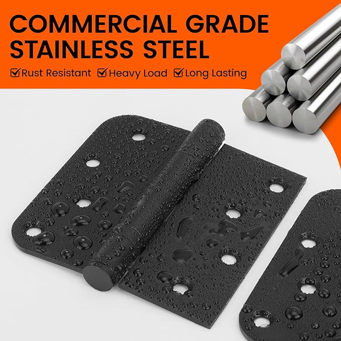 Haidms 6pack Heavy Duty Matte Black Door Hinges Ball Bearing Door Hinges 4 Inch Black Stainless Steel Hinges with Square & 5/8'' Round Radius Corner