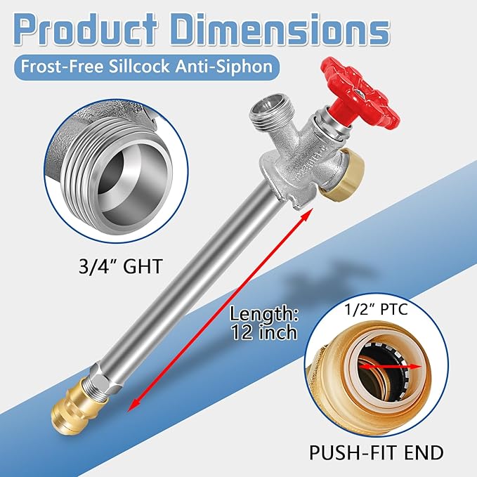 Boltigen 12inch Anti-Siphon Frost Free Sillcock, No Lead Brass Frost Proof Outdoor Faucet Bib with Backflow Preventer, 1/2" Push-to-Fit Connector X 3/4 Inch Hose Bibb Frost Free Spigot