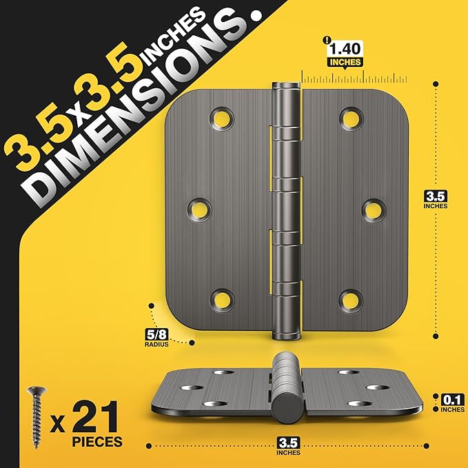 KOLET Ball Bearing Door Hinges, 3.5 x 3.5 Inches Door Hinges, 5/8'' Radius Corner Heavy Duty Stainless Steel Hinges, Smooth and Quiet, Non Removable Pin, Platinum Grey, 3 Pack