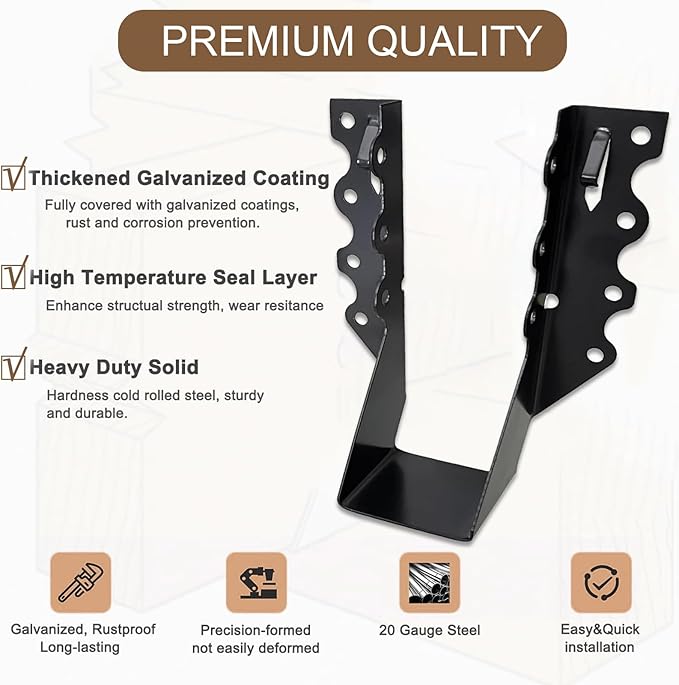20 PCS 2x6 Joist Hanger,Black Powder-Coated,18 Gauge Galvanizing Face Mount,for Rafter Hurricane Ties Joist Hangers, Tie Brackets for Floor Deck and Ceiling Trusses (2"x 6", 20PCS)