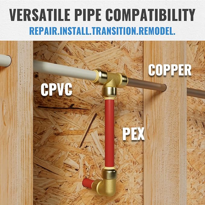 SUNGATOR Push Fitting Set, 1/2 Inch Pushfit Tee (5 PCS), 3/4 Inch Pushfit Tee (3 PCS), No Lead Brass Push to Connect Plumbing Fittings for Pex Pipe, Copper, CPVC, with 2 Disconnect Clips, Pack of 8