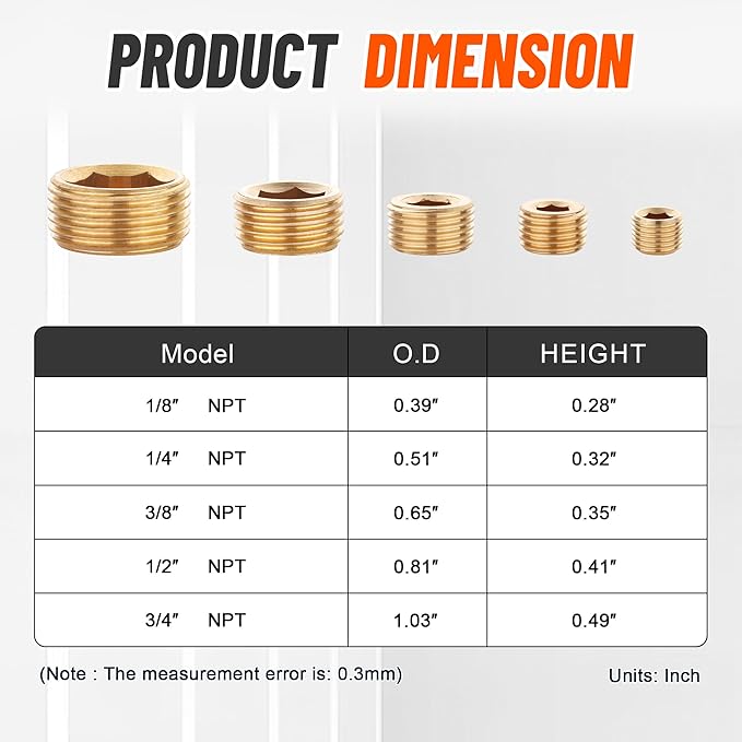 35Pcs Brass Pipe Plug Fitting Assortment Kit,1/8" 1/4" 3/8" 1/2" 3/4" NPT Male Internal Hex Thread Socket Pipe Plug Set,5 Sizes