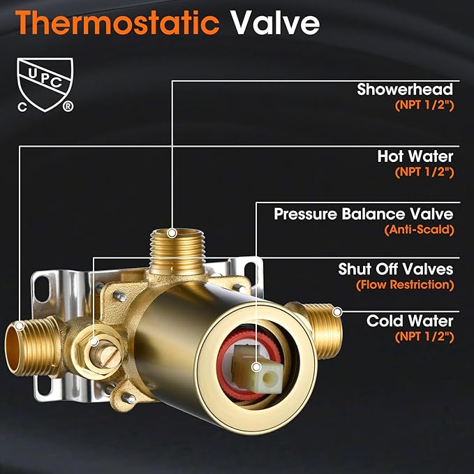 Antique Shower Faucet Set Brushed Gold, 9 inch High Pressure Rainfall Shower Head, Shower System with Pressure Balance Valve, Shower Trim Kit with Rough-in Valve (WT-9817BG)