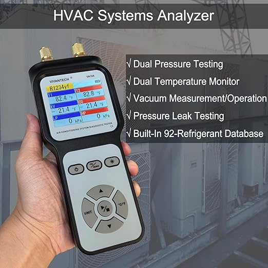 Professional A/C System Diagnostic Tester – HVAC Gauge Dual Pressure & Temperature Analyzer with Refrigerant Database, Vacuum and Leak Test for Automotive and Home AC Repair, Color Display