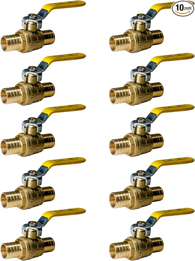 XFITTING 10 Pack Pex Barb 1 Inch Ball Valve, Yellow Handle, Full Port Pex Ball Valve, Brass