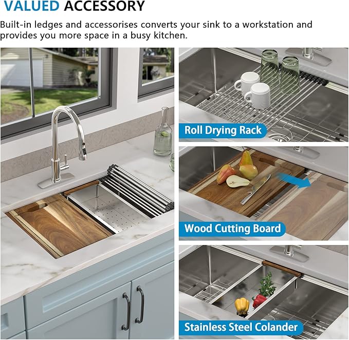 27 Undermount Kitchen Sink - Fulorni 27"x19" Kitchen Sink Ledge Workstation Under Counter 16 Gauge 304 Stainless Steel Single Bowl Basin