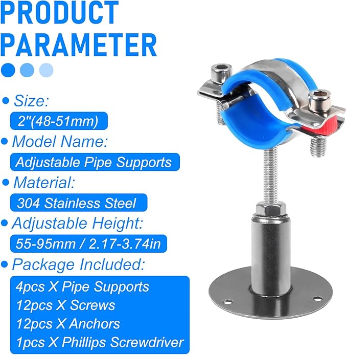 Kodilin 4PCS 304 Stainless Steel Wall Mount Ceiling Mount Pipe Supports,Suitable for OD Pipe 2''(48-51mm),Adjustable Height 50-100mm,Adjustable Pipe Strap Clamp with Screws