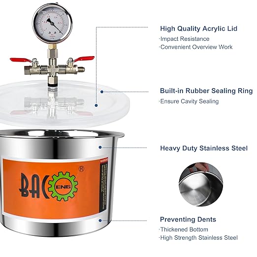 BACOENG 2 Quart Vacuum Chamber, Stainless Steel Degassing Chamber Kit for Resin, Silicone and Epoxies