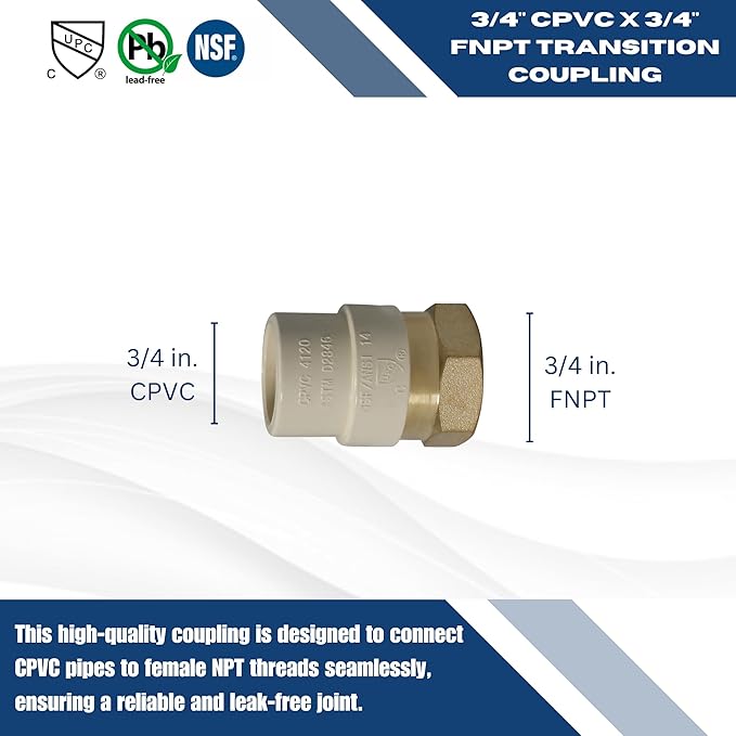 XFITTING CPVC Transition Coupling, 3/4 inch CPVC x 3/4 inch FNPT, Pack of 2
