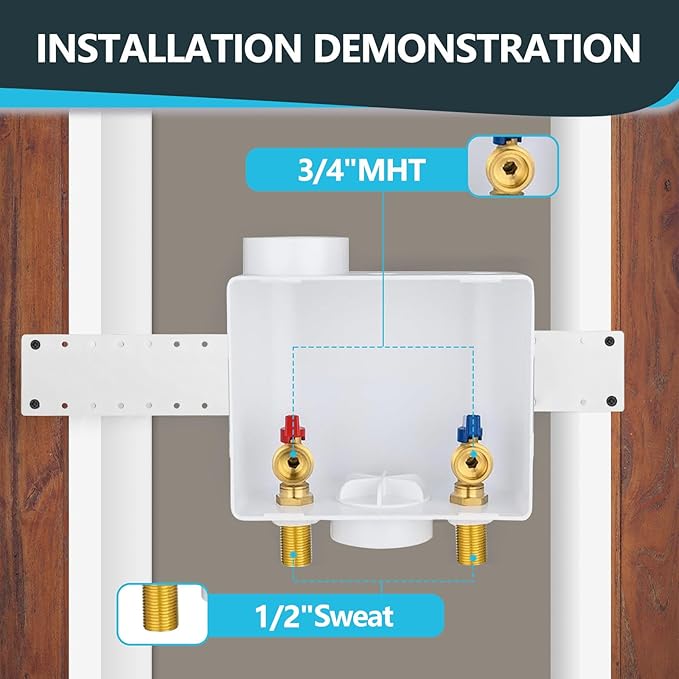 Washing Machine Outlet Box, Center Drain/Side Drain, 1/2 Inch MIP Sweat Inlet x 3/4 Inch MHT Outlet Connection, Laundry Washer Valve Outlet Box (Pack of 50)(WM001-50Pack)