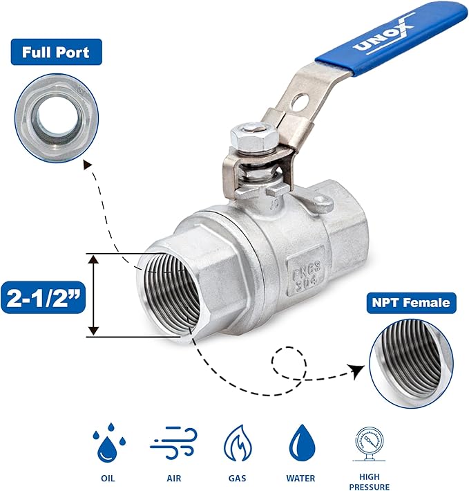 UNOX 2 1/2" NPT Full Port Ball Valve Two-Piece Body Design, Female Stainless Steel AISI304 Heavy Duty for Water Oil Gas Valve - 1000WOG Steam Ball Valve with Blue Locking Handles