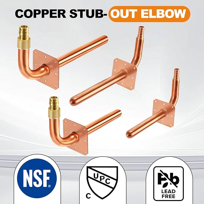 10 Packs Copper Pex Stub Out 1/2 inch,Stub Out PEXB and PEXC With Wall Flanges,Pex Fittings Elbow Copper Pipe Lead-Free,1/2" X 6" Plumbing Flange,Copper Pipe Flange
