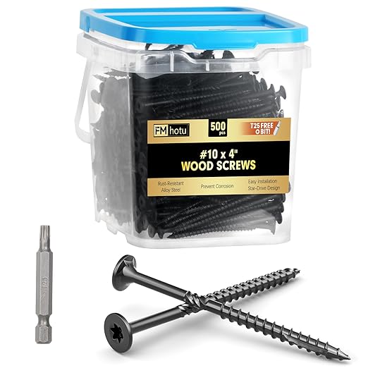 #10 x 4” Deck Screws, 500Pcs Star Drive Wood Screws, Rust Resistant Timber Screws for Timber/Log/Landscaping Wood, T25 Star Bit Included, Black