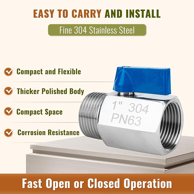 2 Pack 1" Mini Ball Valve, 304 Stainless Steel Shut-Off Valve NPT Female x Male Thread Small Valves for Compact Space (2, 1 Inch)