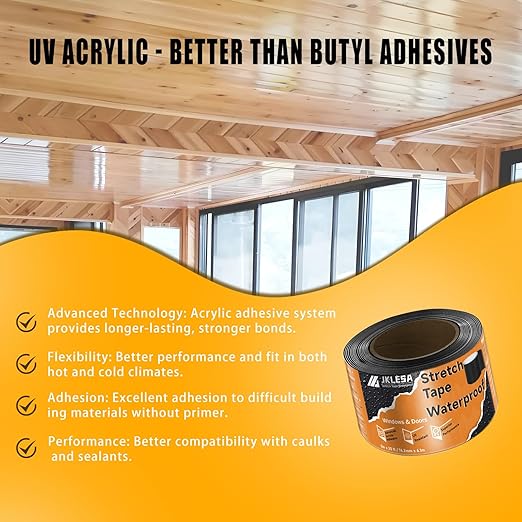 Stretch Tape for Windows & Doors, 3" x 20' Roll UV Resistant Flashing Tape Waterproof, Self-Adhesive Flashing Tape for Windows, Weather Window Tape with Advanced Acrylic Adhesive, Black (2, 3" x 20')